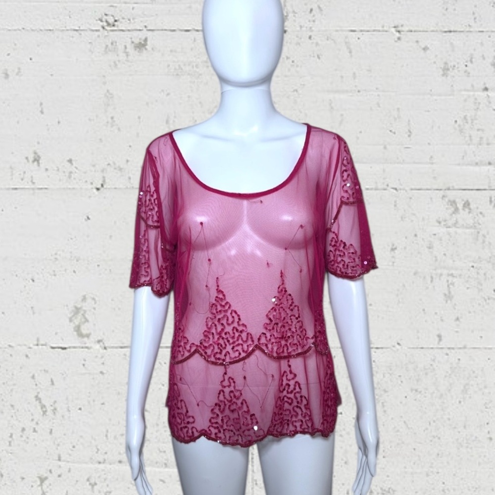 BKE Boutique by The Buckle Sheer Holiday Christmas Tree Bead Embellished Top
